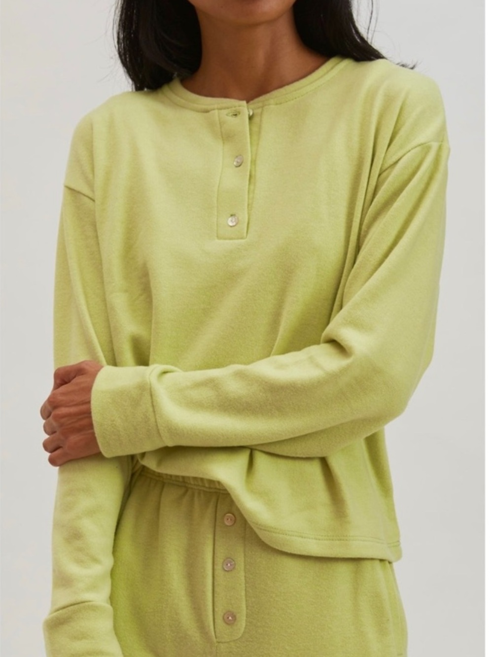 DONNI. Long Sleeve Henley Top in Light Lime